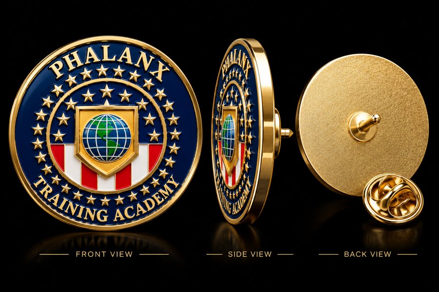 Phalanx Training Academy lapel pin, front, side and back views