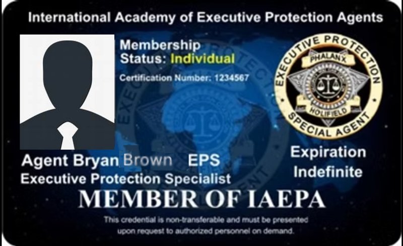 Sample IAEPA Executive Protection Specialist credential card