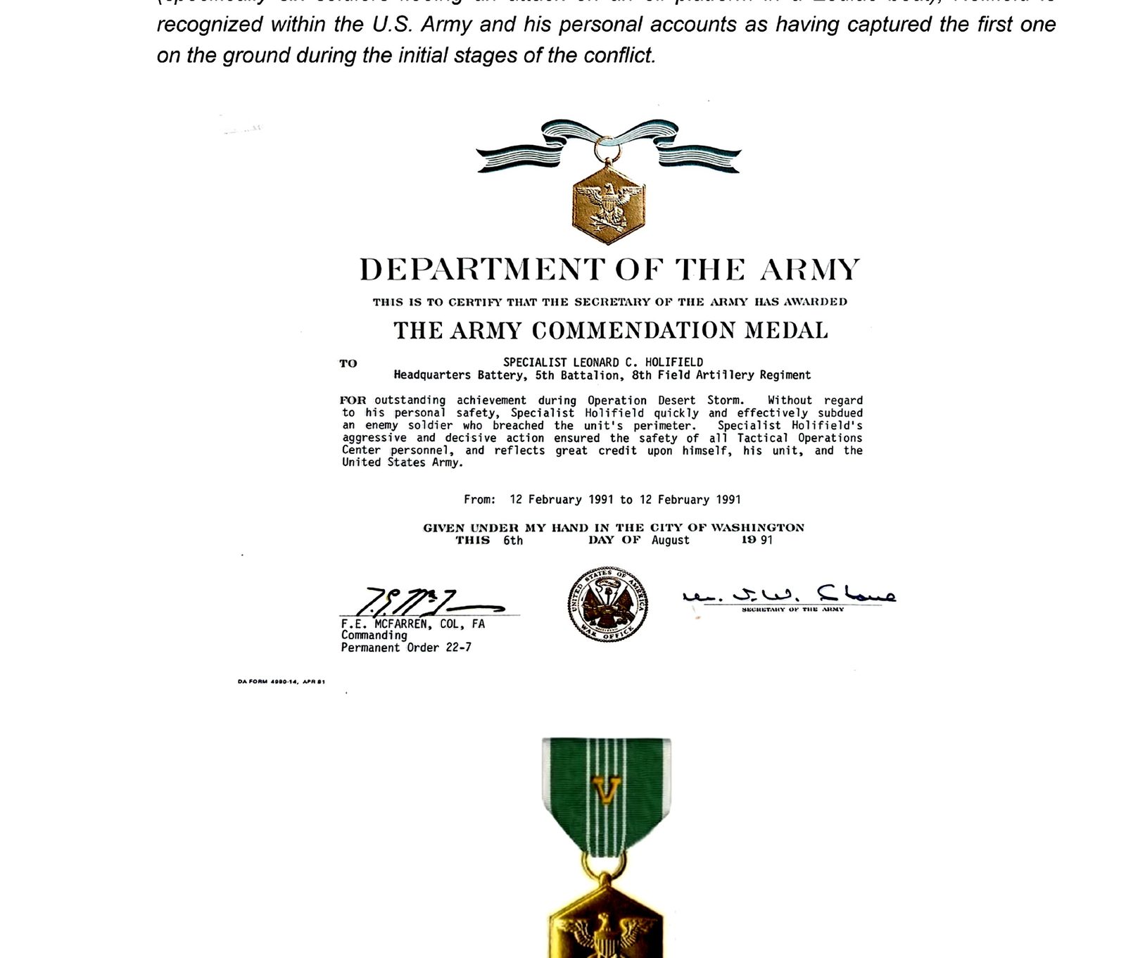 Army Commendation Medal Citation