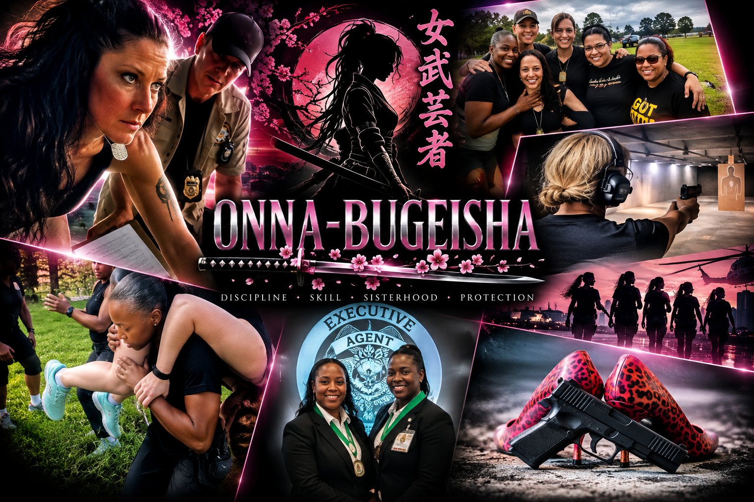 Onna-Bugeisha collage: women training in combatives and firearms, executive agents in uniform, and the unit on deployment.